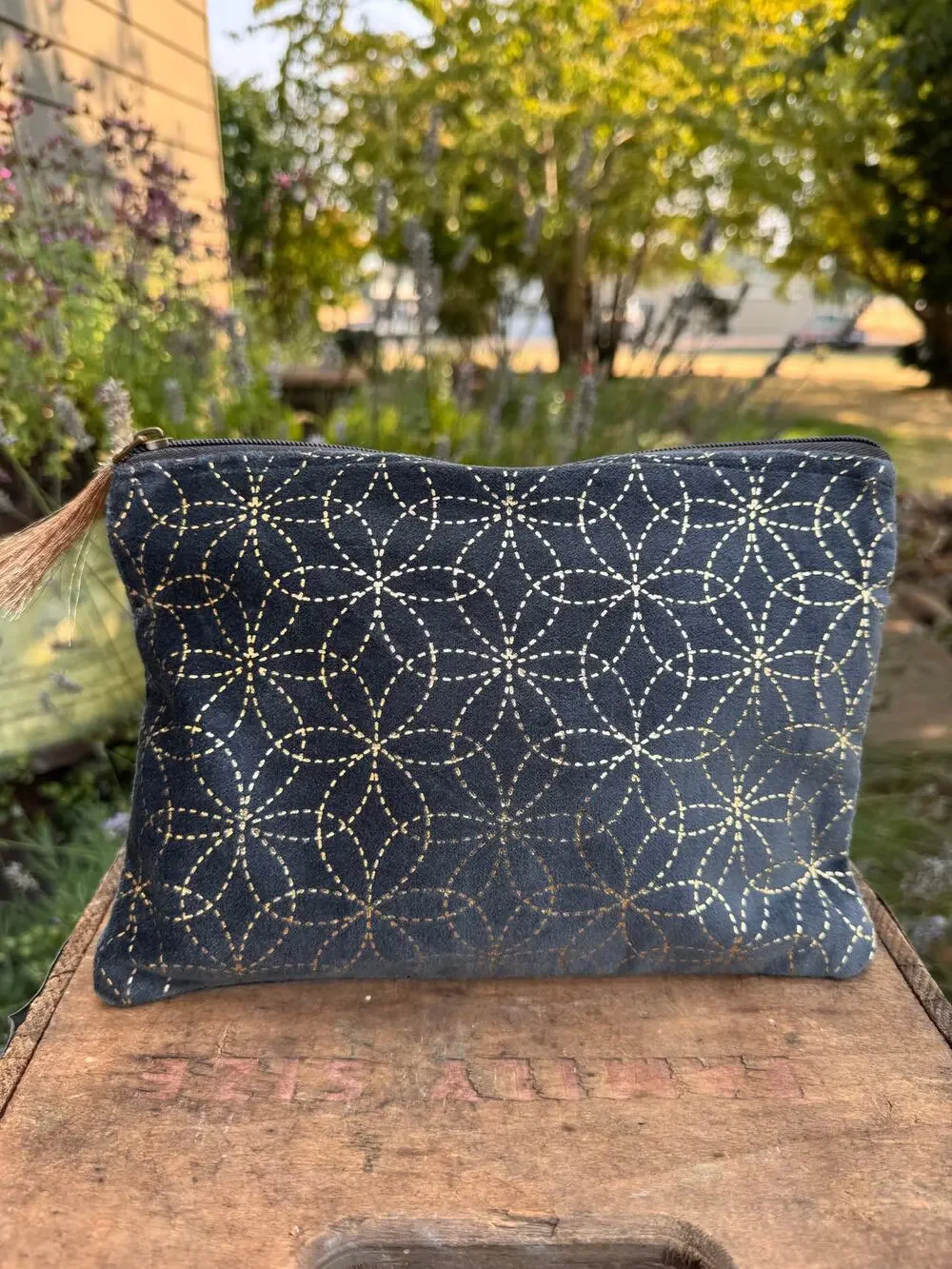 Gray Gold Velvet Makeup Bag 10 x 7 Pouch Gray Neutral Makeup Travel Bag